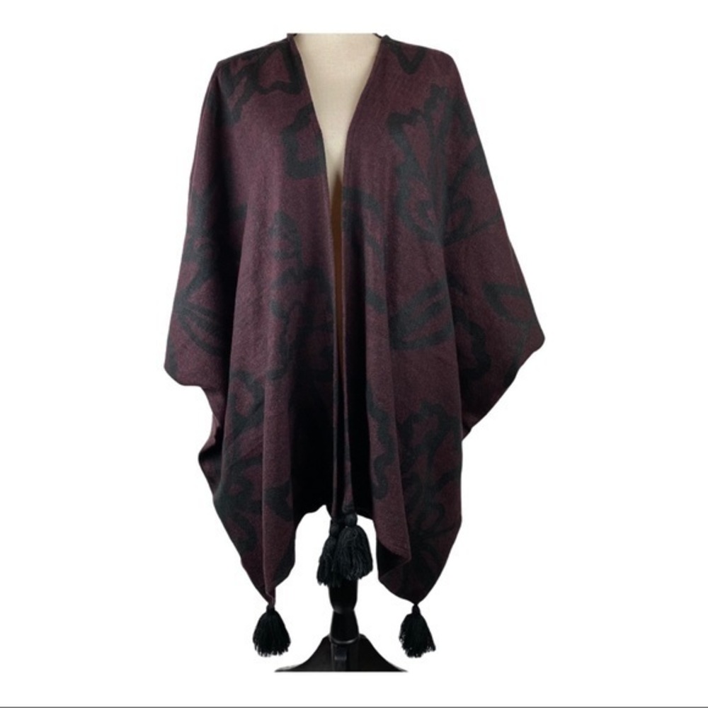 Cleobella Sevigny Plum Black Floral Shawl Pom Pom